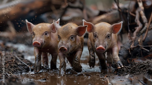 Sweet baby piglets frolicking in the mud, their oinks and snorts adding to the playful atmosphere.