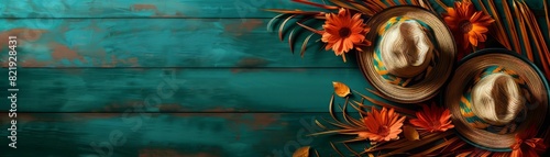 Two straw hats with a wreath of orange and yellow flowers lie on a turquoise wooden background.