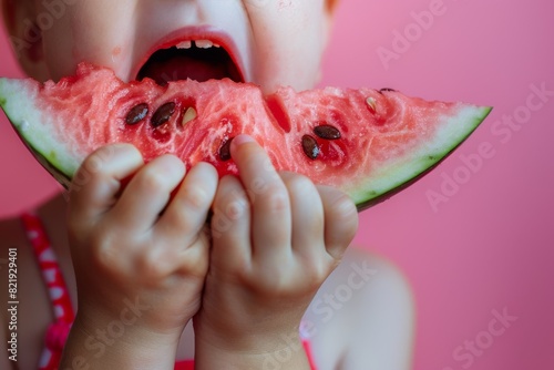 Joyful Child Enjoying Fresh Watermelon Slice Against Pink Background
