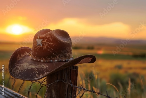A weathered cowboy hat sits on top of a wooden fence post during sunset