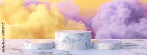 3d render of a marble podium with colorful clouds background for product presentation