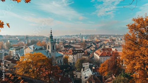 Lviv Ukraine city view point panorama with architecture building object in autumn October day time