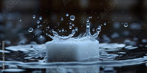 white isolated image of a drop falling over a barely dissolved single sugar cube