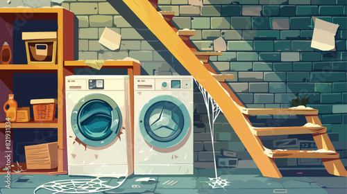 Abandoned basement laundry room. Vector cartoon illustration