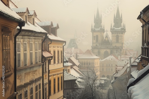 Snow-covered city buildings and streets visible from a window on a winter day