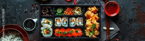 A delicious and healthy bento box with a variety of sushi, tempura, and vegetables. Perfect for a quick and easy lunch or dinner.