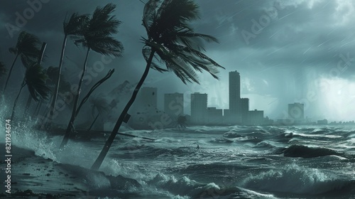 A hurricane making landfall on a coastal city, with powerful winds bending palm trees and torrential rain flooding the streets, while waves crash violently against the shore