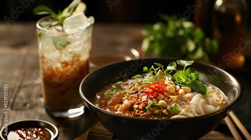 A delicious bowl of Vietnamese noodle soup with fresh herbs, vegetables, and a side of chili sauce and lime.