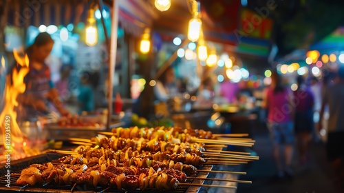 A bustling Thai night market with a vendor grilling satay skewers, with colorful lights and a lively crowd in the background