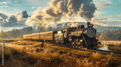 Vintage steam train chugging through a picturesque countryside landscape.