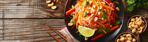 A closeup of a beautifully arranged som tum papaya salad platter with fresh vegetables, peanuts, and lime on a rustic wooden table