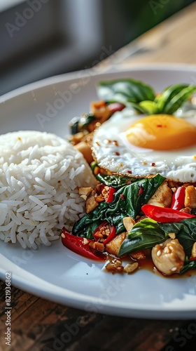 A closeup of a beautifully presented plate of pad kra pao basil stirfry, with a sunnysideup egg and jasmine rice on a white plate