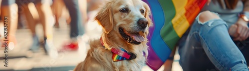 A golden retriever sits next to a person holding a rainbow flag. The dog is wearing a rainbow collar and a bow tie. The dog is happy and has its tongue out.