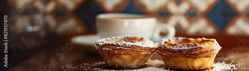 A closeup of a Portuguese pastel de nata, with a light dusting of powdered sugar, set against a traditional tiled wall with a cup of coffee