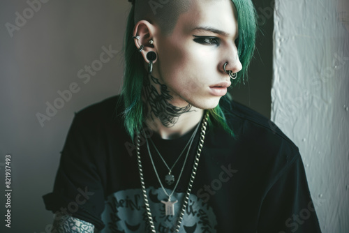 Punk-styled individual with green hair contemplating indoors during daytime