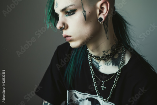 Punk-styled individual with green hair contemplating indoors during daytime