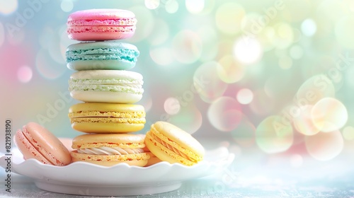 A closeup of colorful macarons stacked neatly on a white porcelain plate, set against a pastel background with soft natural light streaming in
