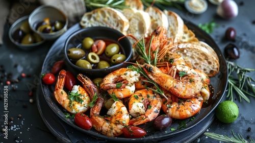 A plate of fresh Mediterranean cuisine including seafood, olives, and bread,