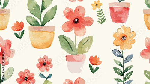 Seamless pattern with watercolor flower in pot repeat