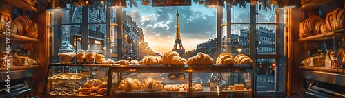 A cozy Parisian bakery with a display of freshly baked baguettes and croissants, with the Eiffel Tower visible through the window