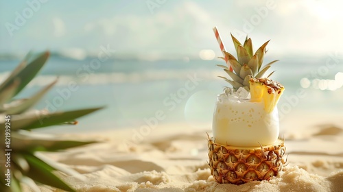 Pineapple Colada on the beach. Enjoy the sweet and tropical taste of pineapple and coconut. It's the perfect drink to enjoy on a hot summer day.