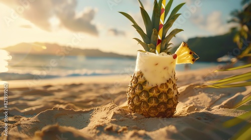 Pineapple on the beach with a straw. The sun is setting in the background.