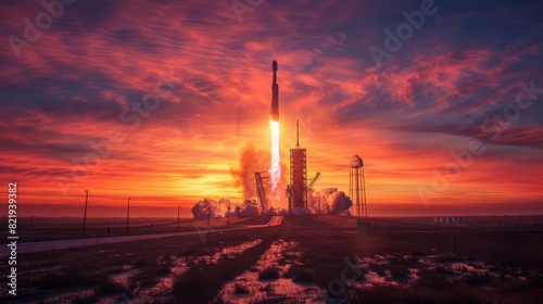 A rocket lifting off from a launch pad with a dramatic sky in the background,