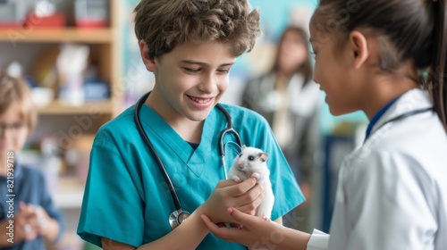 Young boy holding his pet hamster while a veterinarian conducts a wellness exam.