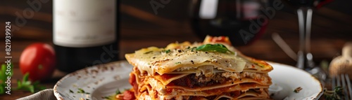 A delicious lasagna with a glass of red wine.