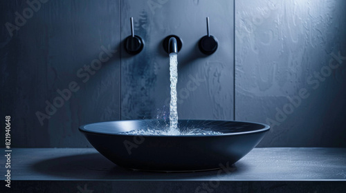 Close-up of a chrome black faucet with running water. Modern design water tap with sink.