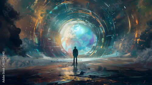 sci-fi concept showing a man standing at the futuristic portal, digital art style, illustration painting