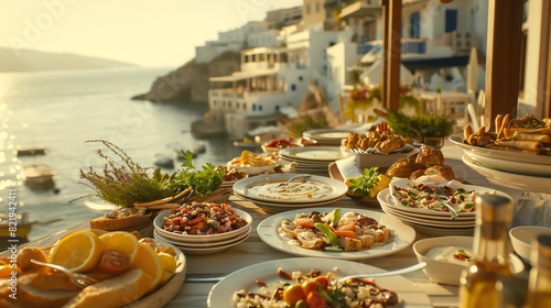 A highangle shot of a Greek island taverna table, filled with assorted meze dishes, with the sea and whitewashed buildings in the background