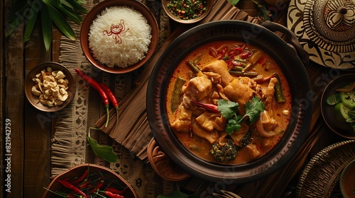 A highangle shot of a traditional Thai dinner with massaman curry, pad kra pao, and jasmine rice, set on a wooden table with intricate decorations