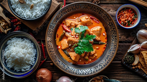 A highangle shot of a traditional Thai dinner with massaman curry, pad kra pao, and jasmine rice, set on a wooden table with intricate decorations