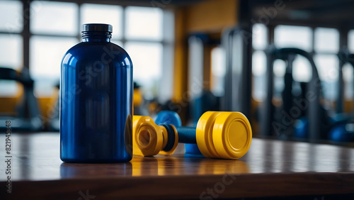 Gym bottle design with a luxurious GYM in the background. Blue and yellow color combination