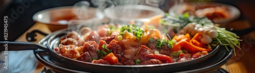 A sizzling hot plate of bulgogi, a traditional Korean dish made with marinated beef, vegetables, and rice