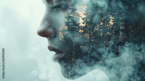 young woman face portrait Contrasting picture with sea and nature. Of clouds, trees. Psychology of the mind, stress therapy, human spirit, mental health, concept of life.