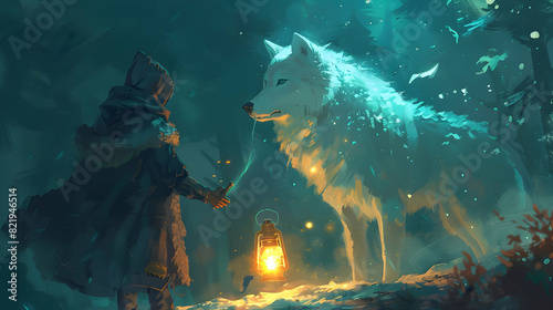 sorcerer holding a glowing lantern stabding with magic wolf, digital art style, illustration painting