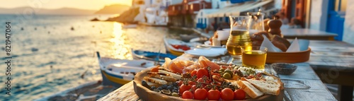 A rustic Greek island taverna with a platter of assorted meze, with the sea and whitewashed buildings creating a picturesque backdrop