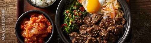 A delicious and healthy Korean meal. It includes beef, rice, kimchi, and a fried egg.