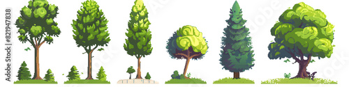 Pixel trees and bushes collection for arcade game assets isolated on white background