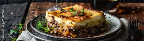 A delicious and hearty moussaka, made with layers of eggplant, potatoes, and ground beef. It is topped with a creamy bechamel sauce and baked until golden brown.
