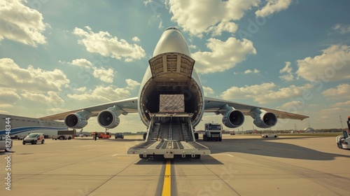 A large cargo plane being loaded with freight containers at an airport, demonstrating the critical role of air transport in international logistics for fast and reliable shipping