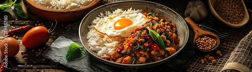 Pad Krapow is a popular Thai stir-fried dish with minced pork, vegetables, and Thai basil leaves. It is usually served with jasmine rice and a fried egg on top.