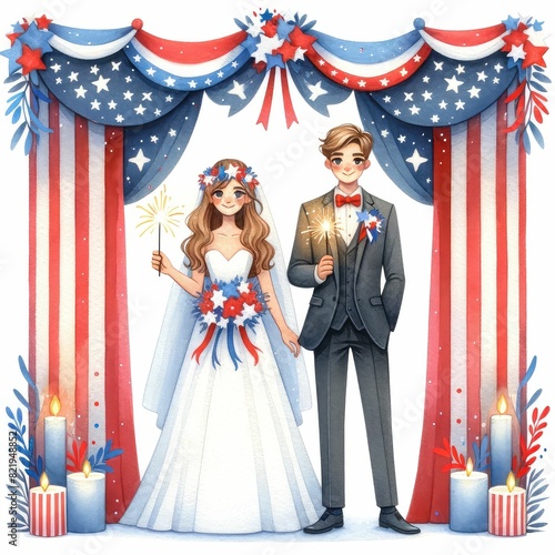 Independence Day themed wedding ideas. watercolor illustration, Perfect for nursery art, simple clipart, single object, white color background.