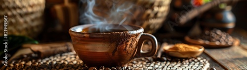 A steaming cup of coffee sits on a table scattered with coffee beans. The rich aroma of the coffee fills the air.