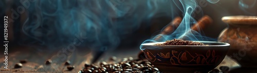 An aromatic cup of coffee sits on a wooden table, steam rising from its surface