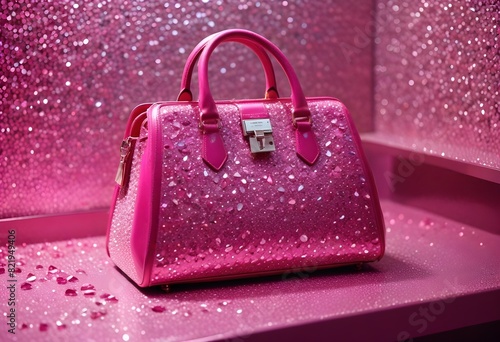 Piękna modna ponadczasowa różowa torebka wysadzana kamykami. Mały i poręczny dodatek dla eleganckiej kobiety