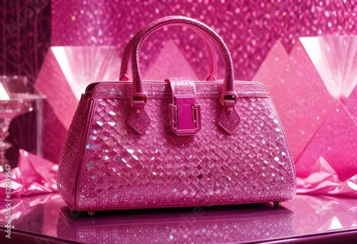 Piękna modna ponadczasowa różowa torebka wysadzana kamykami. Mały i poręczny dodatek dla eleganckiej kobiety