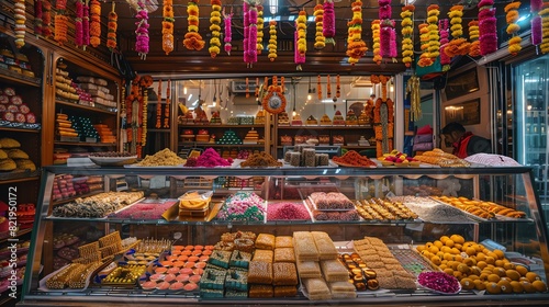 A traditional Indian sweets shop filled with an array of colorful mithai, with intricate decorations and garlands hanging from the ceiling